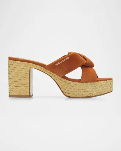 Ferragamo 85mm Douglas Leather Espadrille Platform Sandals In Brown