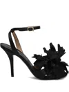 Ferragamo Black Satin Flower Sandals In Black