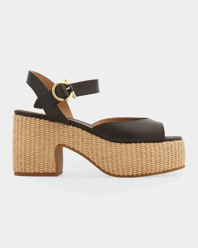 Ferragamo 90mm Nerea Raffia Leather Platform Sandals In Brown