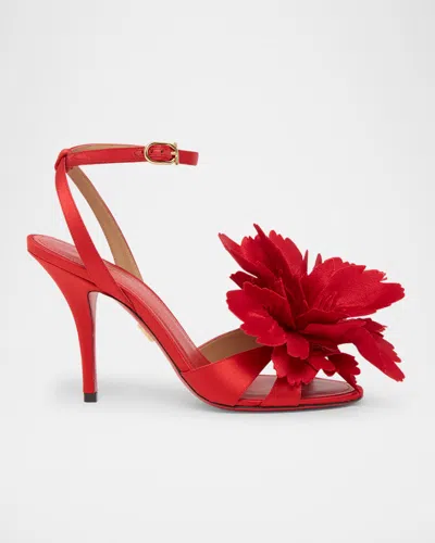 FERRAGAMO 95MM GHILLY FLOWER SATIN SANDALS