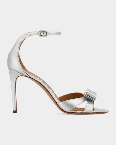 Ferragamo 95mm Roxy Metallic Leather Bow Sandals In Silver