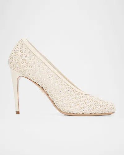 Ferragamo 95mm Sol Embellished Macrame Pumps In White