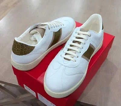 Pre-owned Ferragamo $990 Mens Salvatore  Croc Embossed Leather Sneakers White/olive 11