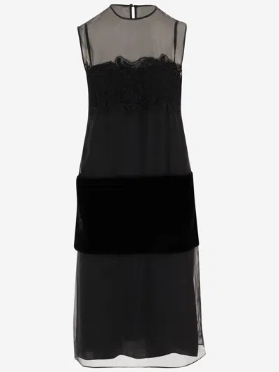 Ferragamo Acetate And Silk Dress With Inlays In Black