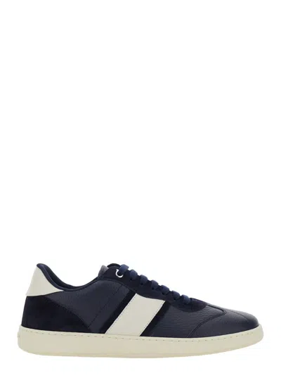 FERRAGAMO BLUE SNEAKERS WITH CONTRASTING HEEL AND LOGO LETTERING ON THE TONGUE IN LEATHER MAN