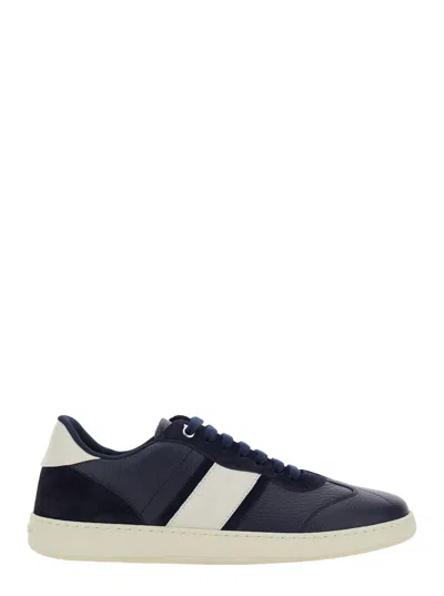 FERRAGAMO BLUE SNEAKERS WITH CONTRASTING HEEL AND LOGO LETTERING ON THE TONGUE IN LEATHER MAN