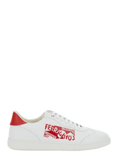 FERRAGAMO 'ACHILLE' WHITE LOW TOP SNEAKERS WITH RED LOGO DETAIL