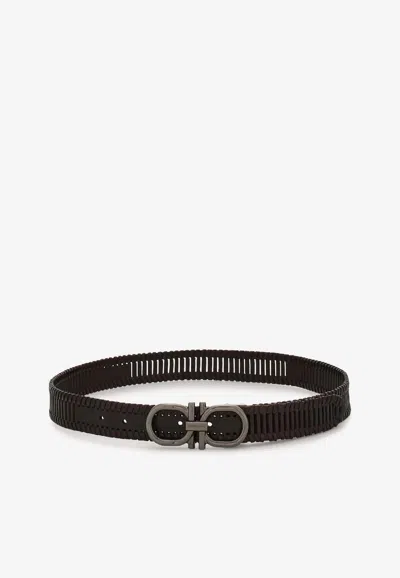Ferragamo Adjustable Double Gancini Woven Leather Belt In Black