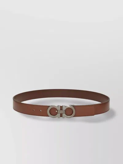 Ferragamo Adjustable Leather Gancini Belt With Metal Buckle In Brown