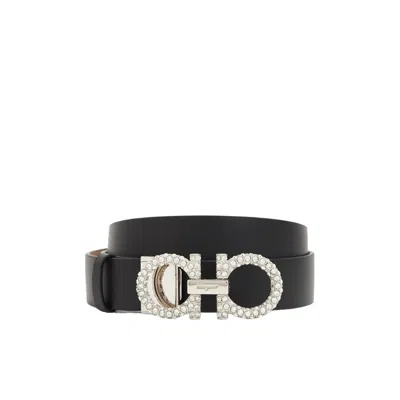 Ferragamo Adjustable Monogram Buckle Leather Belt In Black