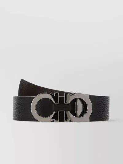 Ferragamo Textured Calf Leather Belt With Interlocking Metallic Buckle In Black