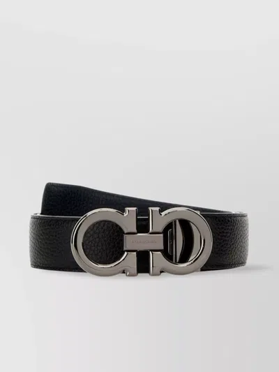 Ferragamo Adjustable Reversible Leather Belt With Textured Finish In Black