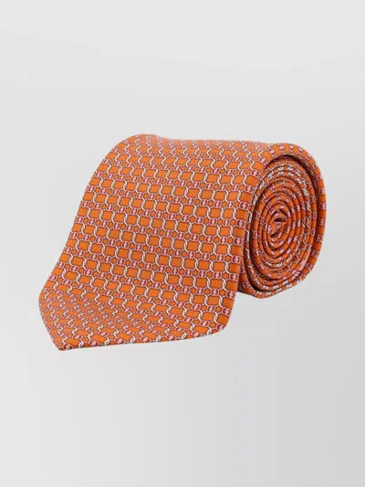 Ferragamo Men Silk Tie With Aida Print In Orange