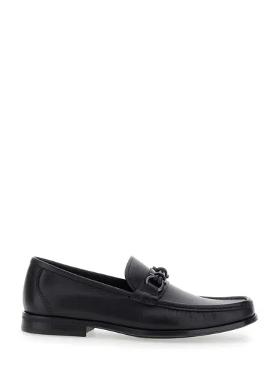 FERRAGAMO 'ALAIN' BLACK LOAFERS WITH ALMOND TOE AND GANCINI ON THE FRONT IN LEATHER MAN