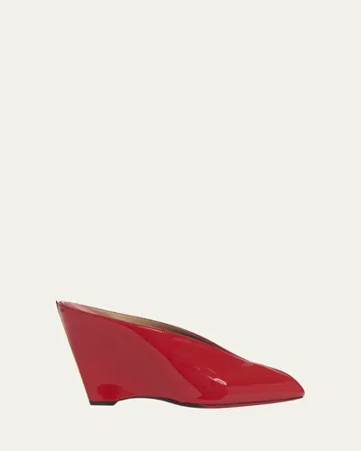 FERRAGAMO ALICIA PATENT LEATHER PEEP-TOE WEDGE MULES