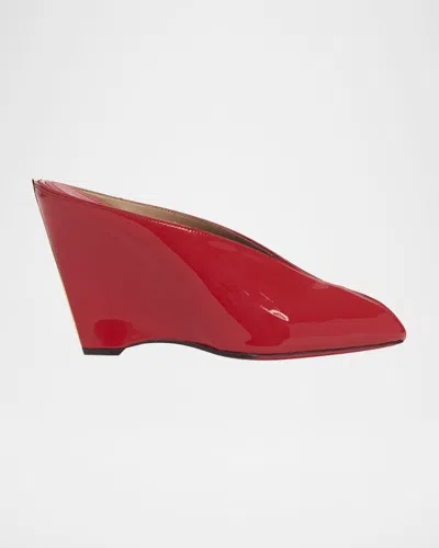 Ferragamo Alicia Patent Leather Peep-toe Wedge Mules In Red