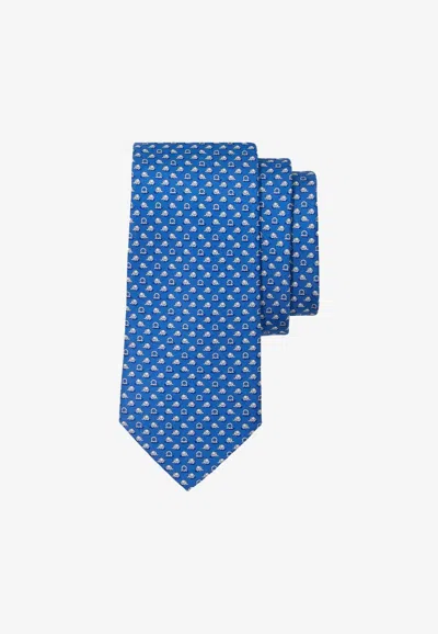 Ferragamo All-over Elephant Print Silk Tie In Blue