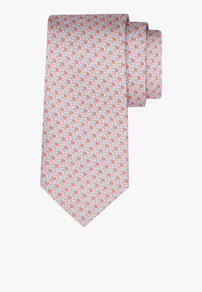 Ferragamo All-over Elephant Print Silk Tie In Pink