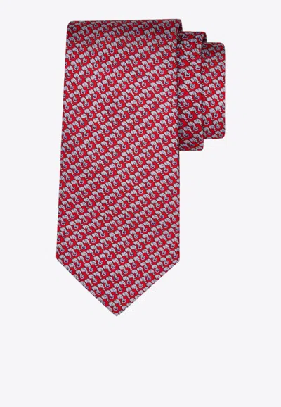 Ferragamo All-over Elephant Print Silk Tie In Pink