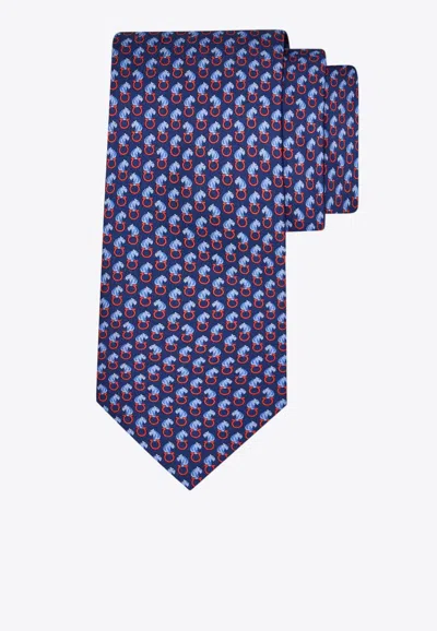 Ferragamo All-over Feline Print Silk Tie In Blue