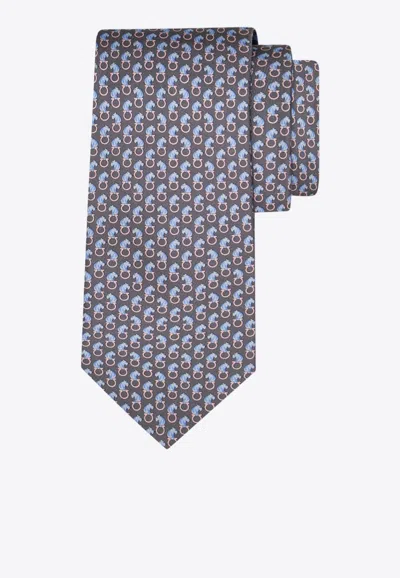Ferragamo All-over Feline Print Silk Tie In Gray