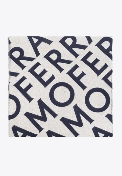 Ferragamo All-over Logo Print Wool Scarf In Multi