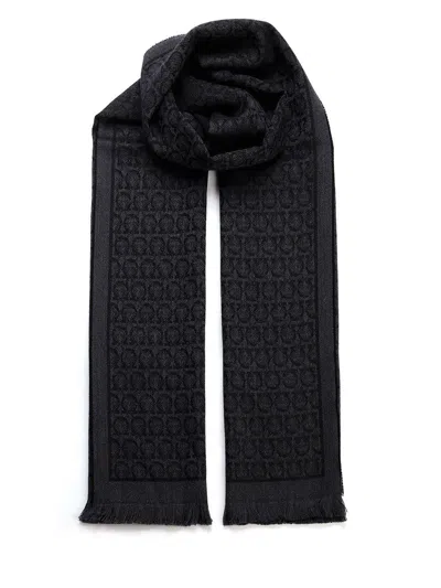 Ferragamo All-over Patterned Fringed Edge Scarf In Black