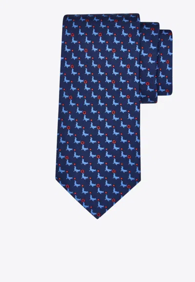 Ferragamo All-over Seal Print Silk Tie In Blue