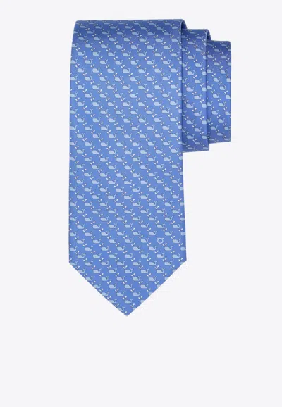 Ferragamo All-over Whale Print Silk Tie In Blue