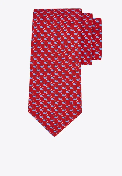 Ferragamo All-over Whale Print Silk Tie In Red