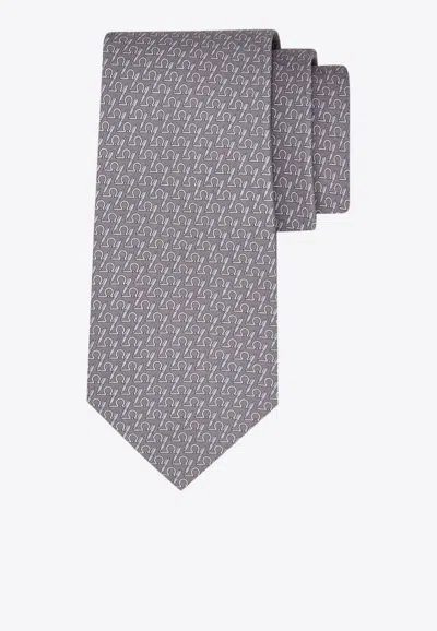 Ferragamo All-over Writer Print Silk Tie In Gray