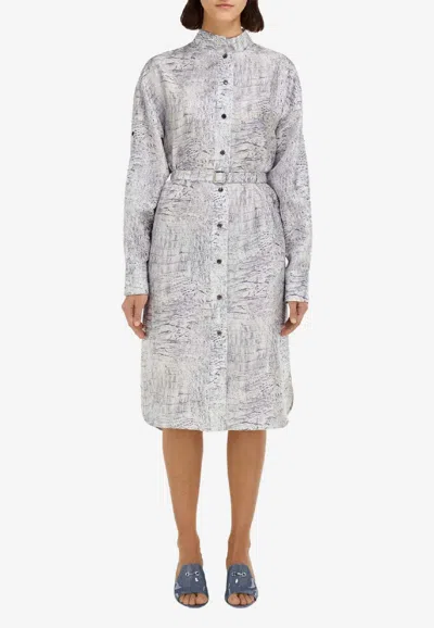 Ferragamo Alligator Print Silk Belted Dress In Gray