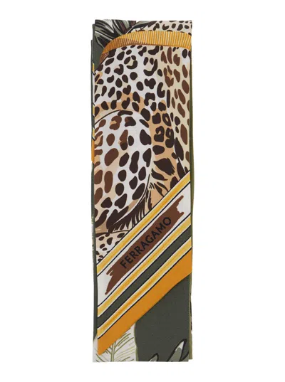 Ferragamo All-over Print Silk Scarf With Embossed Logo Lettering In Animal Print