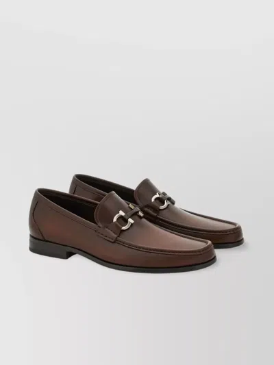 Ferragamo Almond Toe Leather Loafers With Metal Hardware In Hickory