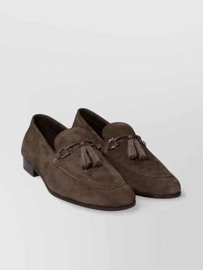 FERRAGAMO ALMOND TOE SUEDE FINISH TASSEL LOAFERS