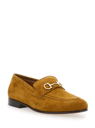 Ferragamo Almond-toe Suede Loafers With Front Hook Detail And Low Heel In Brown