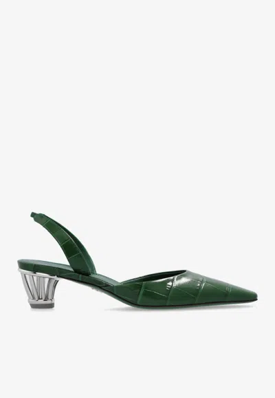 Ferragamo Alyssa 40 Cage Heel Slingback Pumps In Croc-embossed Leather In Green