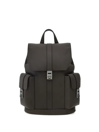 Ferragamo Ammered Leather Utility Backpack In Brown