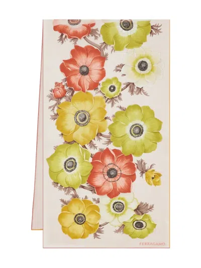 Ferragamo Anemone Print Silk Scarf In White