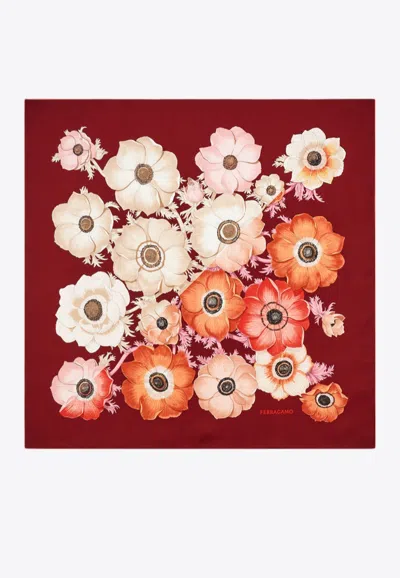 Ferragamo Anemone Print Silk Scarf In Burgundy