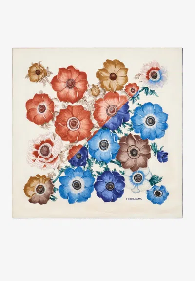 Ferragamo Anemone Print Silk Scarf In White