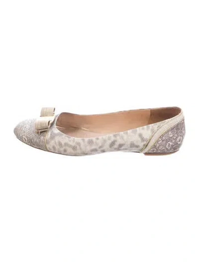 Pre-owned Ferragamo Animal Print Bow Accents Ballet Flats In Neutrals