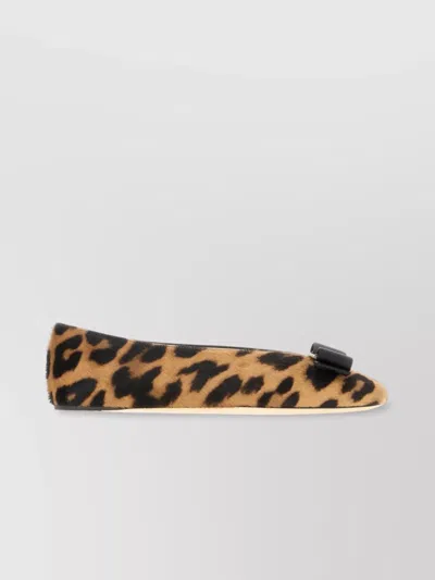 Ferragamo Animal Print Bow Detail Flat Sole Ballerina In Brown