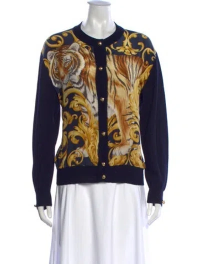 Pre-owned Ferragamo Animal Print Crew Neck Sweater In Blue