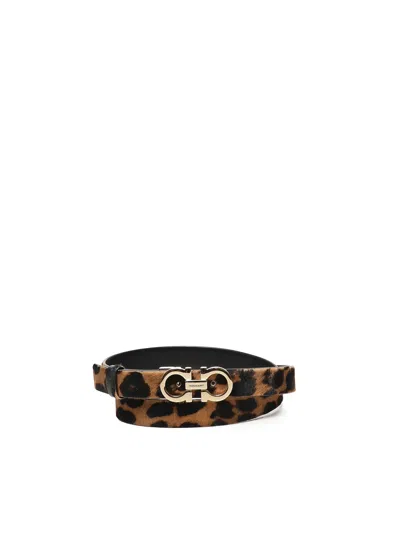 Ferragamo Animal Print Gancini Belt In Brown