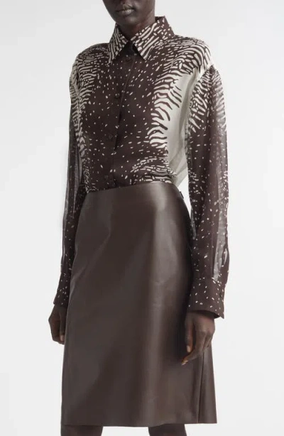 Ferragamo Animal Print Silk Chiffon Button-up Shirt In Brown