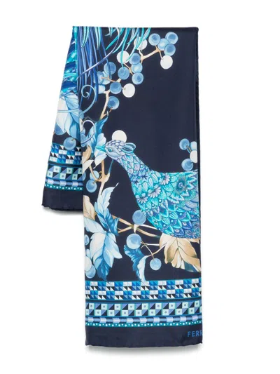 Ferragamo Animal Print Silk Scarf In Blue