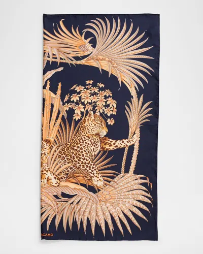 Ferragamo Animal-print Silk Scarf In Blue