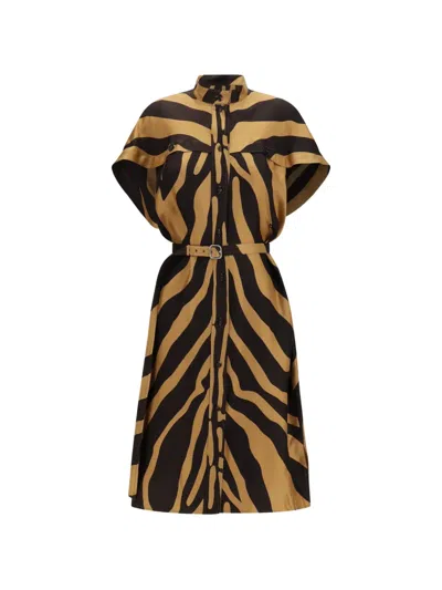 Ferragamo Animal-print Belted Shirt Dress In Brown