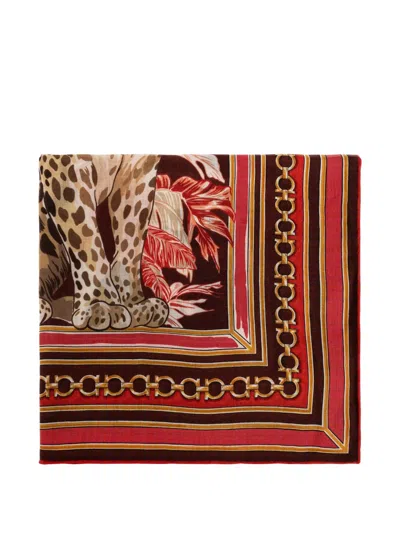 Ferragamo Animal-print Gancini-chain Scarf In Gold
